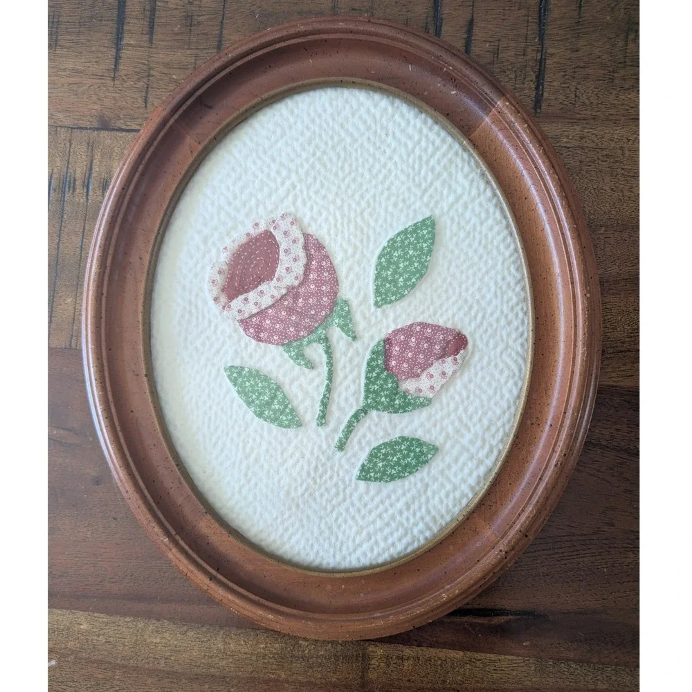 Vtg Handmade Framed Fabric Art Blue Pink Quilted Floral Cottagecore Set of 2